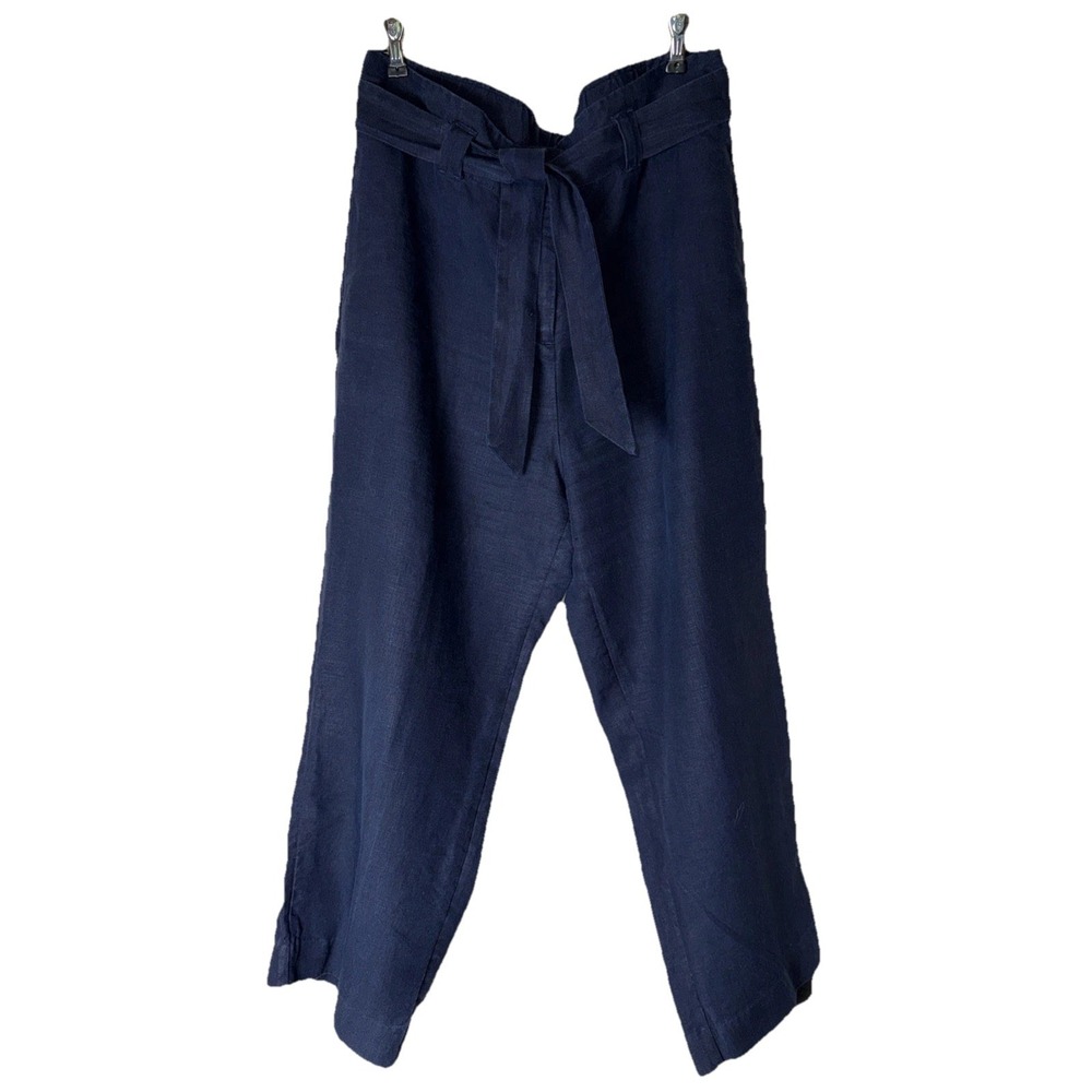 Chico's Linen Belted Cropped Pants Sz 2 (12) Navy Nautical‎ Beach Summer (read)